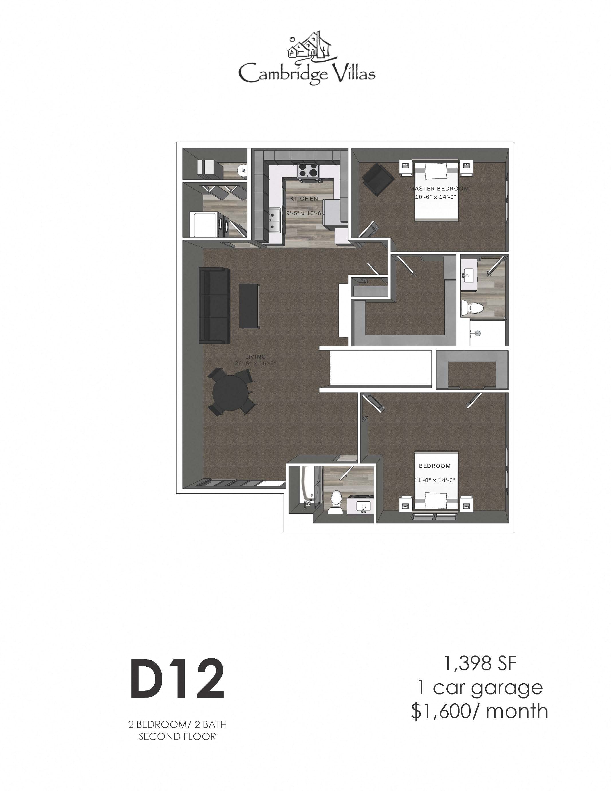 Floor plan for 2 beds, 2 baths, 1398 sqft